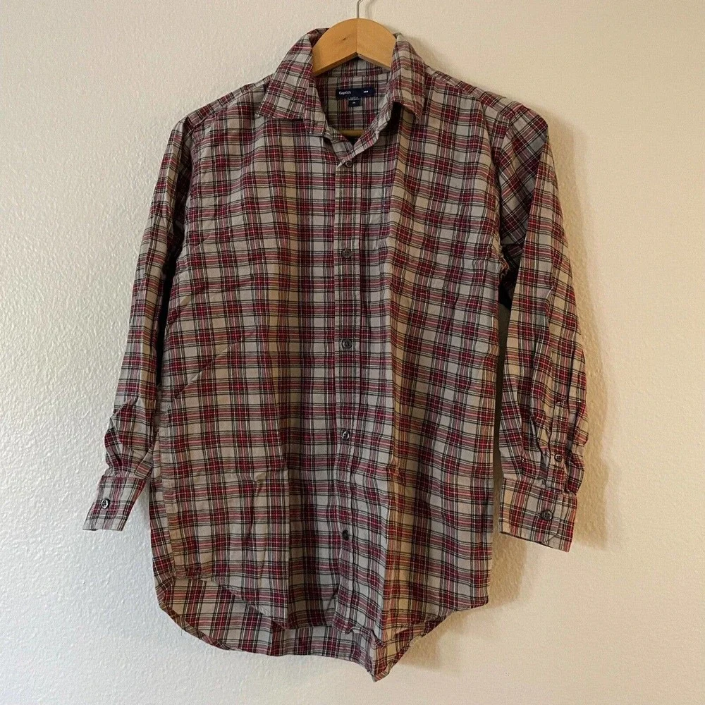 Gap Kids Size XXL Boys Flannel Button Up Shirt Red Gray Plaid Long Sleeve‎